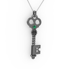 Anahtar Kolye - Yeşil kuvars 925 ayar siyah rodyum kaplama gümüş kolye (40 cm beyaz altın rolo zincir) #bi0c5