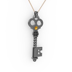 Anahtar Kolye - Sitrin 925 ayar siyah rodyum kaplama gümüş kolye (40 cm gümüş rolo zincir) #ic5mc1