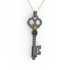 Anahtar Kolye - Sitrin 925 ayar siyah rodyum kaplama gümüş kolye (40 cm altın rolo zincir) #sk80s7