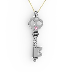Anahtar Kolye - Pembe kuvars 8 ayar beyaz altın kolye (40 cm altın rolo zincir) #wl50iy