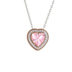 Pembe kuvars ve beyaz zirkon 14 ayar rose altın kolye (40 cm beyaz altın rolo zincir)