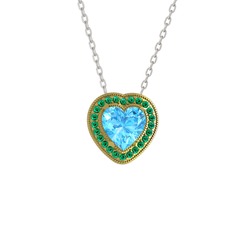 Esinti Kalp Kolye - Akuamarin ve yeşil kuvars 18 ayar altın kolye (40 cm beyaz altın rolo zincir) #10x8oet