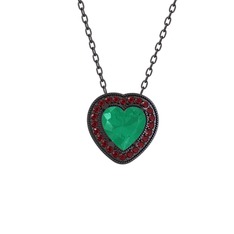Esinti Kalp Kolye - Kök zümrüt ve kök yakut 925 ayar siyah rodyum kaplama gümüş kolye (40 cm gümüş rolo zincir) #10ydgd6