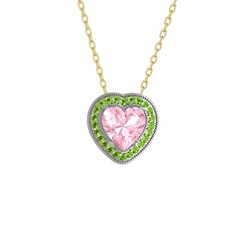 Esinti Kalp Kolye - Pembe kuvars ve peridot 8 ayar beyaz altın kolye (40 cm altın rolo zincir) #10z12j8