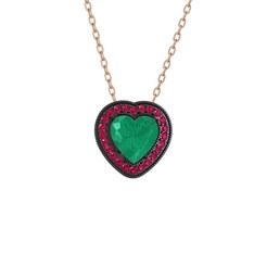 Esinti Kalp Kolye - Kök zümrüt ve rodolit garnet 925 ayar siyah rodyum kaplama gümüş kolye (40 cm rose altın rolo zincir) #113cnjo