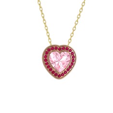 Esinti Kalp Kolye - Pembe kuvars ve rodolit garnet 8 ayar rose altın kolye (40 cm gümüş rolo zincir) #113hmmu