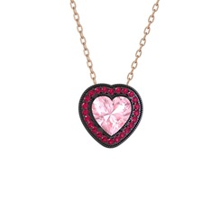 Esinti Kalp Kolye - Pembe kuvars ve rodolit garnet 925 ayar siyah rodyum kaplama gümüş kolye (40 cm rose altın rolo zincir) #11ja8t8