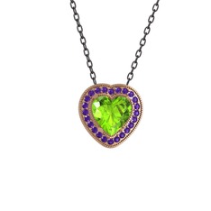 Esinti Kalp Kolye - Peridot ve ametist 8 ayar rose altın kolye (40 cm gümüş rolo zincir) #12f6b09