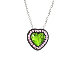 Peridot ve pembe kuvars 925 ayar siyah rodyum kaplama gümüş kolye (40 cm beyaz altın rolo zincir)
