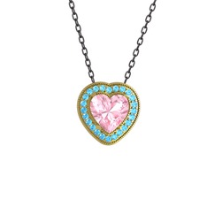 Esinti Kalp Kolye - Pembe kuvars ve akuamarin 8 ayar altın kolye (40 cm gümüş rolo zincir) #15i4get