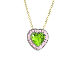 Esinti Kalp Kolye - Peridot ve pembe kuvars 8 ayar beyaz altın kolye (40 cm altın rolo zincir) #164z6b2