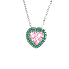 Esinti Kalp Kolye - Pembe kuvars ve kök zümrüt 14 ayar beyaz altın kolye (40 cm beyaz altın rolo zincir) #16h5x4