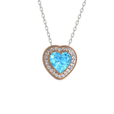 Akuamarin ve pırlanta 8 ayar rose altın kolye (0.264 karat, 40 cm beyaz altın rolo zincir)