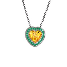 Esinti Kalp Kolye - Sitrin ve kök zümrüt 18 ayar beyaz altın kolye (40 cm gümüş rolo zincir) #17o3la3