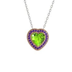 Esinti Kalp Kolye - Peridot ve ametist 8 ayar rose altın kolye (40 cm gümüş rolo zincir) #17rhi6i