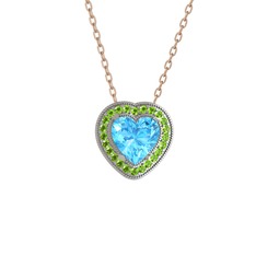 Esinti Kalp Kolye - Akuamarin ve peridot 8 ayar beyaz altın kolye (40 cm rose altın rolo zincir) #181iy70