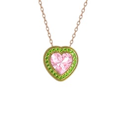 Pembe kuvars ve peridot 8 ayar altın kolye (40 cm gümüş rolo zincir)