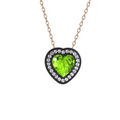 Peridot ve pırlanta 925 ayar siyah rodyum kaplama gümüş kolye (0.264 karat, 40 cm rose altın rolo zincir)