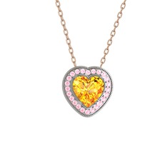 Esinti Kalp Kolye - Sitrin ve pembe kuvars 8 ayar beyaz altın kolye (40 cm rose altın rolo zincir) #19rld9f