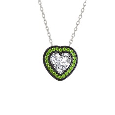 Esinti Kalp Kolye - Swarovski ve peridot 925 ayar siyah rodyum kaplama gümüş kolye (40 cm beyaz altın rolo zincir) #19xprsw