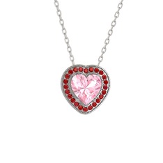 Esinti Kalp Kolye - Pembe kuvars ve garnet 14 ayar beyaz altın kolye (40 cm beyaz altın rolo zincir) #1botixa