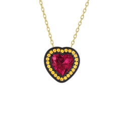 Rodolit garnet ve sitrin 925 ayar siyah rodyum kaplama gümüş kolye (40 cm altın rolo zincir)
