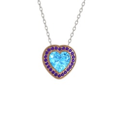 Esinti Kalp Kolye - Akuamarin ve ametist 925 ayar rose altın kaplama gümüş kolye (40 cm gümüş rolo zincir) #1dvm2w5