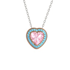 Esinti Kalp Kolye - Pembe kuvars ve akuamarin 18 ayar rose altın kolye (40 cm beyaz altın rolo zincir) #1ec7tp3