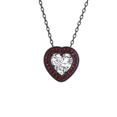 Esinti Kalp Kolye - Beyaz zirkon ve kök yakut 925 ayar siyah rodyum kaplama gümüş kolye (40 cm gümüş rolo zincir) #1f1ur5w