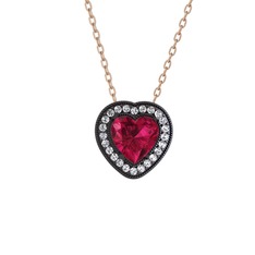 Esinti Kalp Kolye - Rodolit garnet ve pırlanta 925 ayar siyah rodyum kaplama gümüş kolye (0.264 karat, 40 cm rose altın rolo zincir) #1fb9rau
