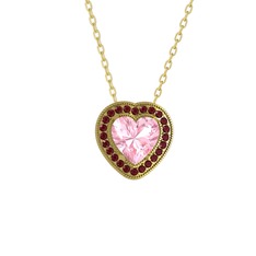 Esinti Kalp Kolye - Pembe kuvars ve kök yakut 14 ayar altın kolye (40 cm altın rolo zincir) #1hpc1vk