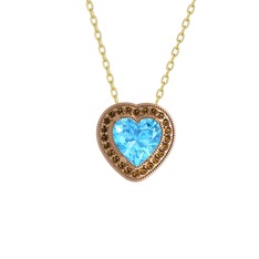 Esinti Kalp Kolye - Akuamarin ve dumanlı kuvars 8 ayar rose altın kolye (40 cm altın rolo zincir) #1iesmse