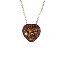 Dumanlı kuvars ve garnet 925 ayar siyah rodyum kaplama gümüş kolye (40 cm rose altın rolo zincir)