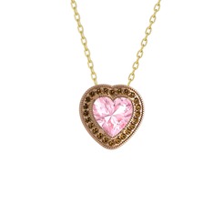 Esinti Kalp Kolye - Pembe kuvars ve dumanlı kuvars 14 ayar rose altın kolye (40 cm altın rolo zincir) #1l8bihh