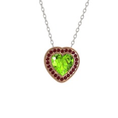 Esinti Kalp Kolye - Peridot ve kök yakut 925 ayar rose altın kaplama gümüş kolye (40 cm beyaz altın rolo zincir) #1mod35q