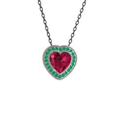 Esinti Kalp Kolye - Rodolit garnet ve kök zümrüt 18 ayar beyaz altın kolye (40 cm gümüş rolo zincir) #1msrc2a