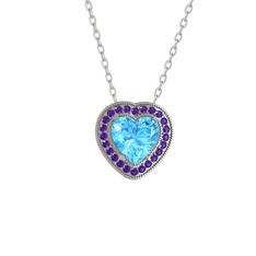 Esinti Kalp Kolye - Akuamarin ve ametist 925 ayar gümüş kolye (40 cm beyaz altın rolo zincir) #1mvxofm
