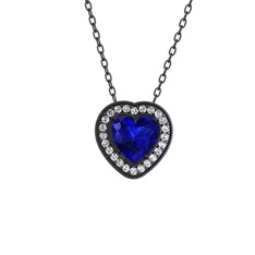 Lab safir ve pırlanta 925 ayar siyah rodyum kaplama gümüş kolye (0.264 karat, 40 cm gümüş rolo zincir)