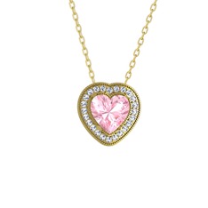 Esinti Kalp Kolye - Pembe kuvars ve swarovski 8 ayar altın kolye (40 cm altın rolo zincir) #1nh4ndf