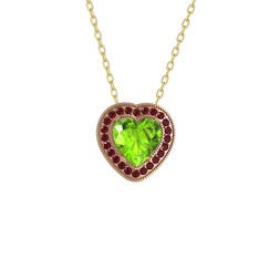Esinti Kalp Kolye - Peridot ve kök yakut 14 ayar rose altın kolye (40 cm altın rolo zincir) #1nu0hgz