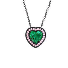 Yeşil kuvars ve pembe kuvars 925 ayar siyah rodyum kaplama gümüş kolye (40 cm gümüş rolo zincir)