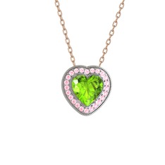 Esinti Kalp Kolye - Peridot ve pembe kuvars 14 ayar beyaz altın kolye (40 cm rose altın rolo zincir) #1oil5ti