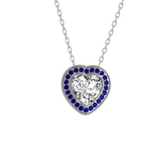 Esinti Kalp Kolye - Swarovski ve lab safir 18 ayar beyaz altın kolye (40 cm beyaz altın rolo zincir) #1q4riam