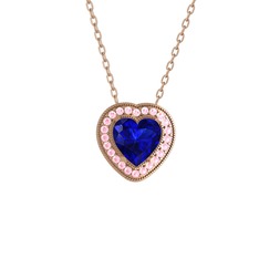 Lab safir ve pembe kuvars 18 ayar rose altın kolye (40 cm rose altın rolo zincir)