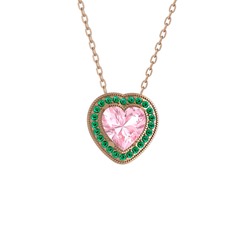 Pembe kuvars ve yeşil kuvars 14 ayar rose altın kolye (40 cm rose altın rolo zincir)