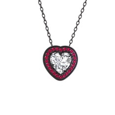 Esinti Kalp Kolye - Beyaz zirkon ve rodolit garnet 925 ayar siyah rodyum kaplama gümüş kolye (40 cm gümüş rolo zincir) #1s05k38