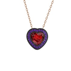 Garnet ve ametist 925 ayar siyah rodyum kaplama gümüş kolye (40 cm rose altın rolo zincir)