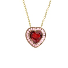 Esinti Kalp Kolye - Garnet ve pembe kuvars 14 ayar rose altın kolye (40 cm gümüş rolo zincir) #1tkoeol