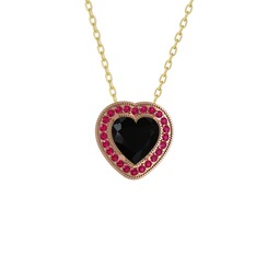 Esinti Kalp Kolye - Siyah zirkon ve rodolit garnet 14 ayar rose altın kolye (40 cm gümüş rolo zincir) #1ukldyq