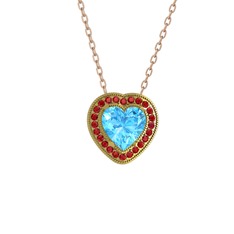 Akuamarin ve garnet 18 ayar altın kolye (40 cm rose altın rolo zincir)